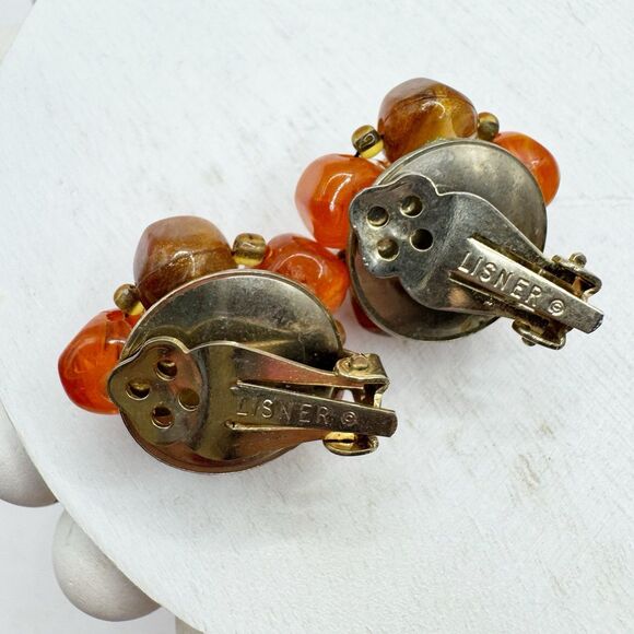 KRAMER Vintage Orange Beaded Floral Earrings Clip On Clustered Gold Tone Classic - Picture 9 of 11